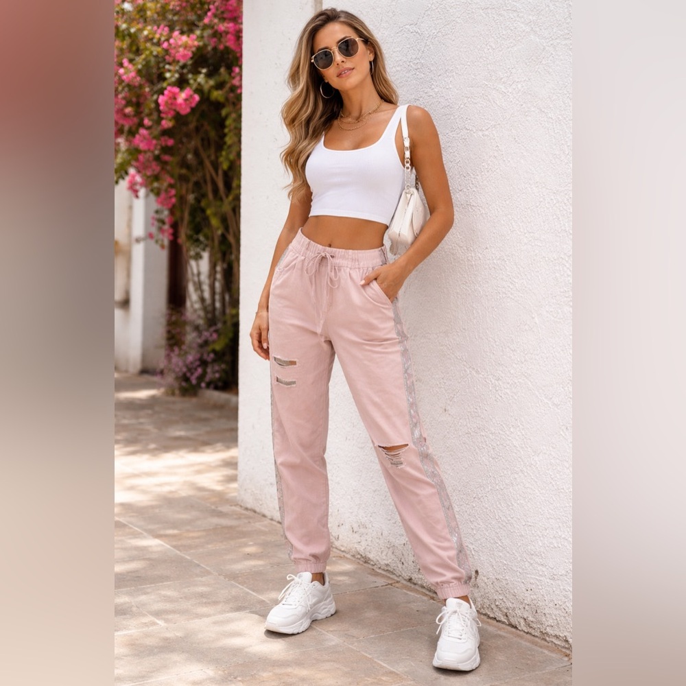 Pink Star Stripe Jogger Style Jeans – Made in Italy – Distressed, 15.5”to 16.5”